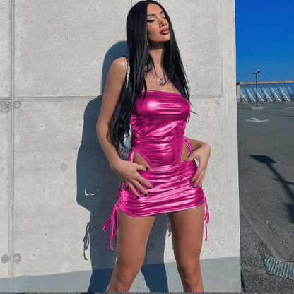 Metallic Coated Fabric Womens Fall Jumpsuit with Drawstring Waist Hip Skirt | noémi