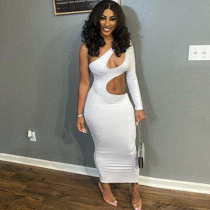 Womens One Shoulder Cutout Maxi Dress with Long Sleeve | noémi