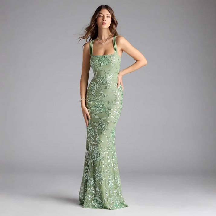 Maxi Dress | Floral Lace Gown, Square Neck, Backless Tie Up Formal Dress | noémi