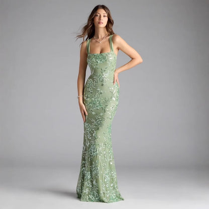 Maxi Dress | Floral Lace Gown, Square Neck, Backless Tie Up Formal Dress | noémi