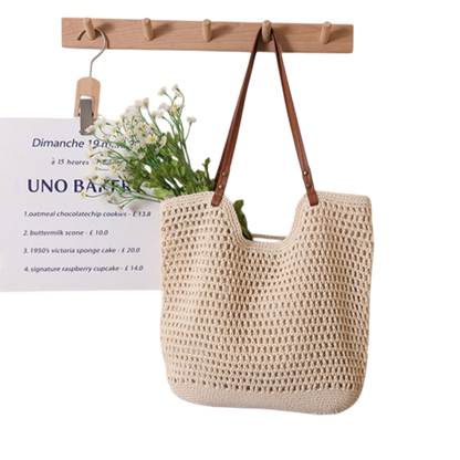 Cotton-Thread Crochet Shoulder Tote – Hollow-Out Large-Capacity Beach Bag, Cream | noémi