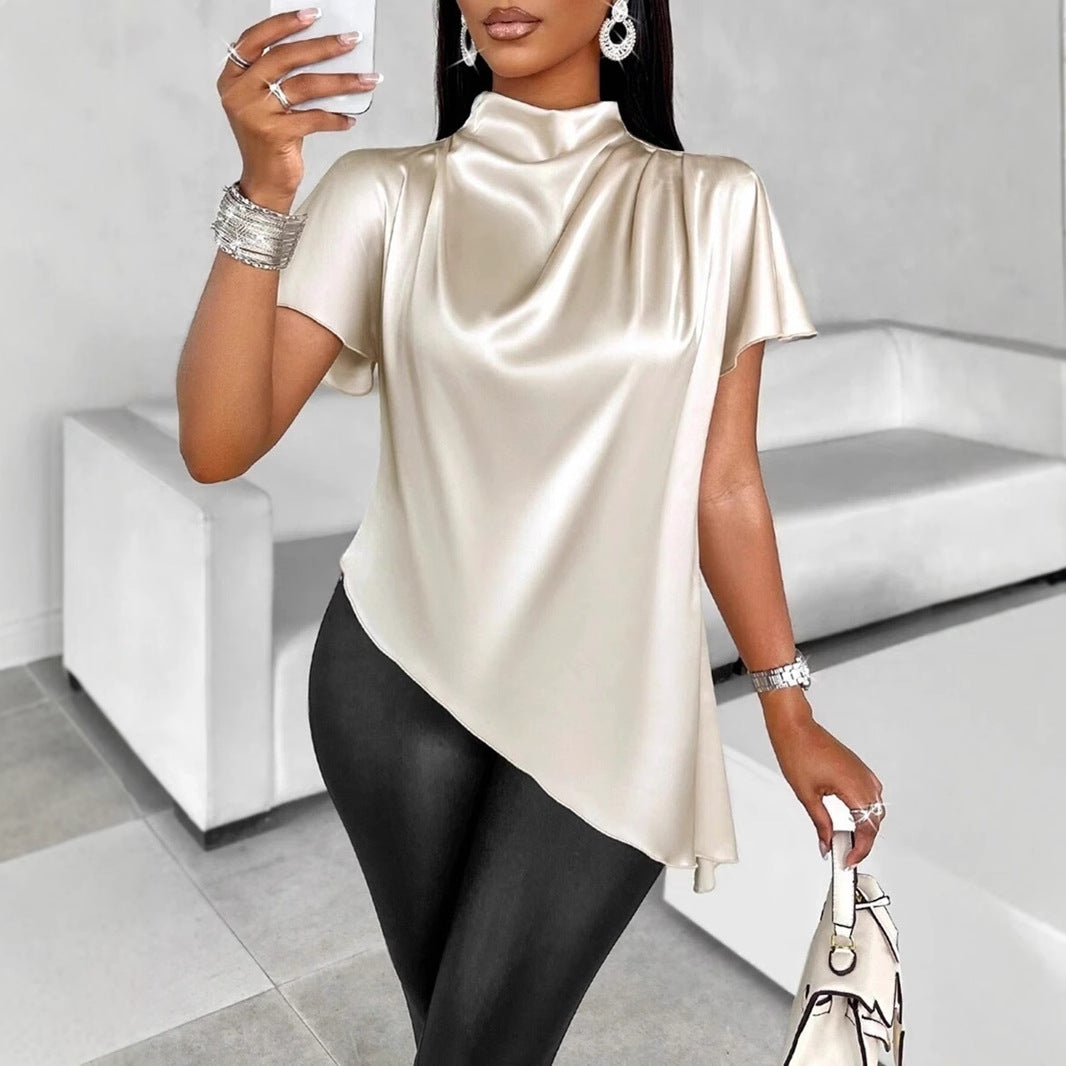Satin Blouse | High Neck Short Sleeve Top in Champagne | noémi