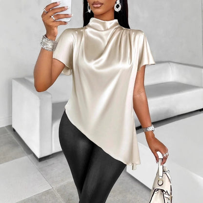 Satin Blouse | High Neck Short Sleeve Top in Champagne | noémi