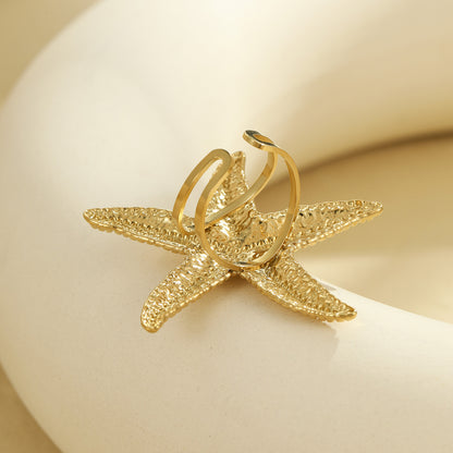 Gold Starfish Ring | Open Adjustable | Stainless Steel, Ocean Inspired Jewelry, Non Fading, Bold Statement Ring for Women | noémi