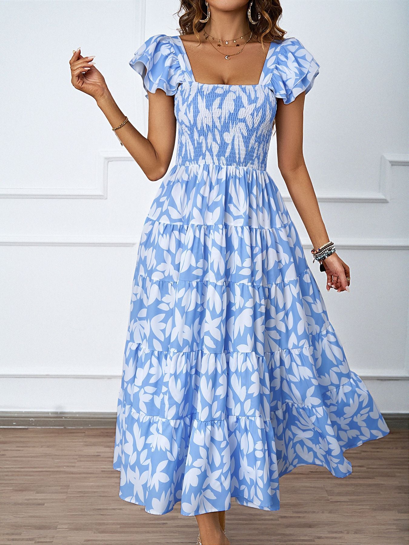 Womens Boho Print Midi Dress with Ruffle Sleeves & Pleated Skirt | Square Neckline | noémi