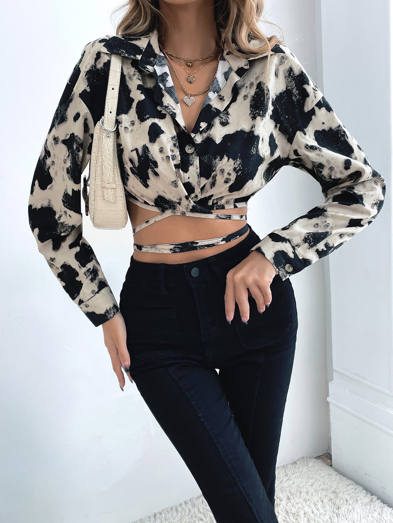 Womens V Neck Lace Up Shirt with Cows Pattern | noémi