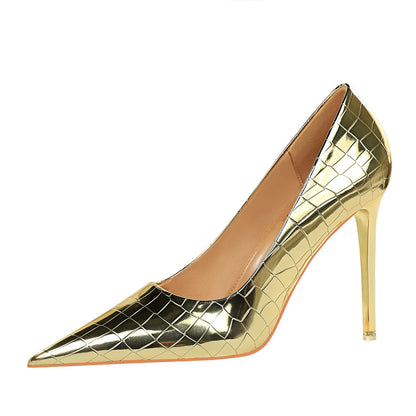 Retro Gold Pointed Toe Stiletto Heels | Shiny Metal Croc Pattern, Super High Heel Pumps | noémi