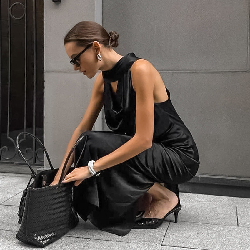 Black Off Shoulder Satin Dress | Swing Skirt Self Tie Waist | noémi