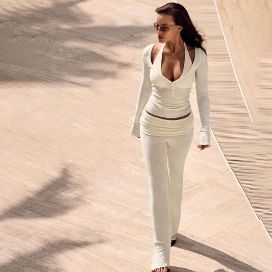 2 Piece Set | Slim Fit V Neck Button Top & High Waist Bootcut Pants | noémi
