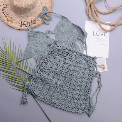 Retro Crochet Split Swimsuit with Halter Tassel Strap and A Line Beach Skirt Set | noémi