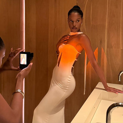 Womens Cutout Backless Long Sheath Dress with Scarf Detail | noémi