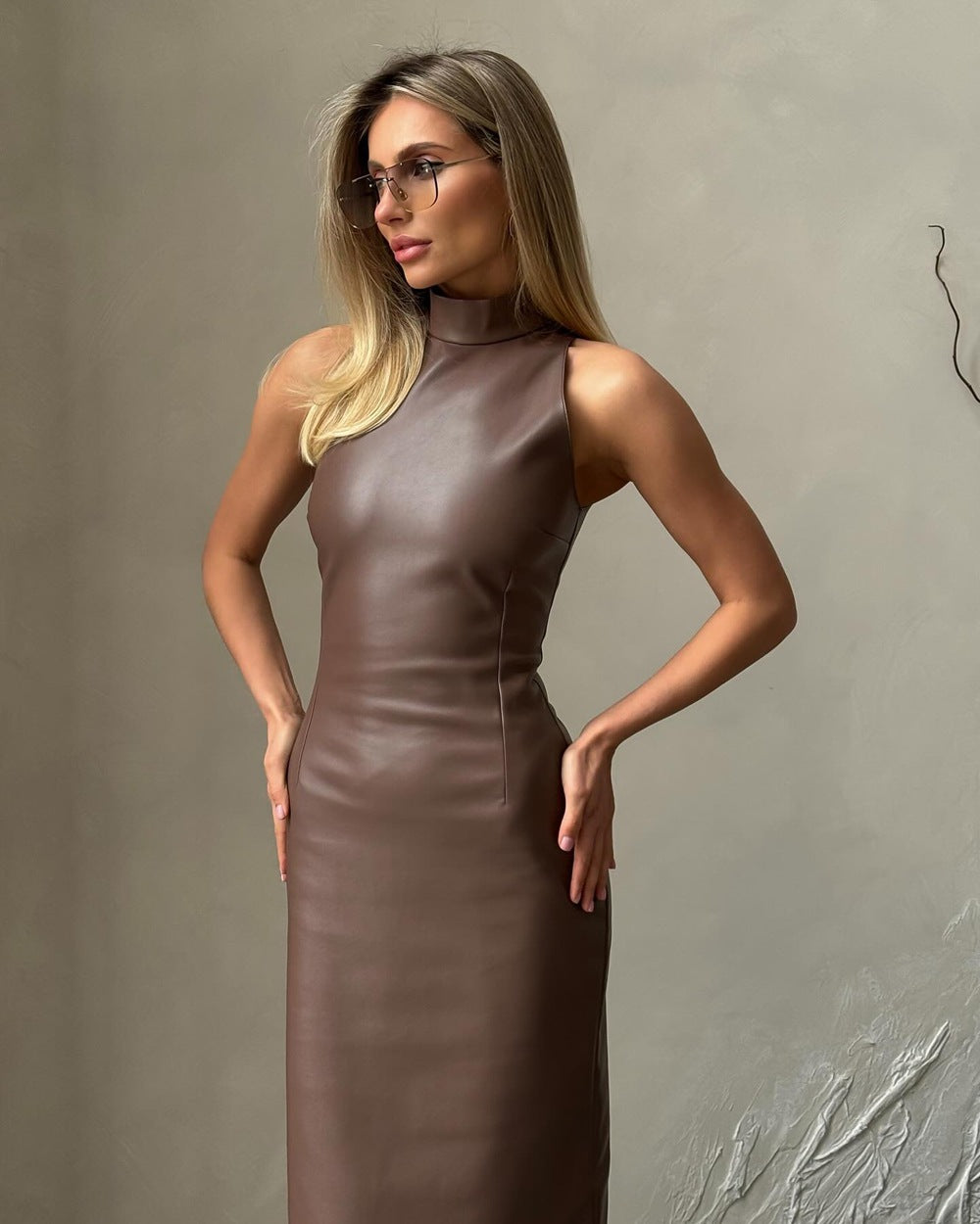 Sleeveless | Stand Collar | Side Split | Slim Fit | Faux Leather Dress | noémi
