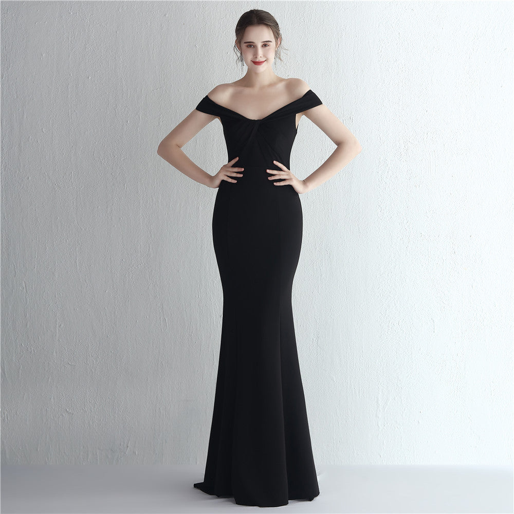 Satin Slim Off Shoulder Fishtail Gown | noémi