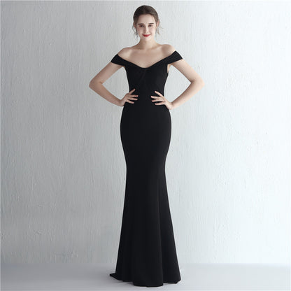 Satin Slim Off Shoulder Fishtail Gown | noémi