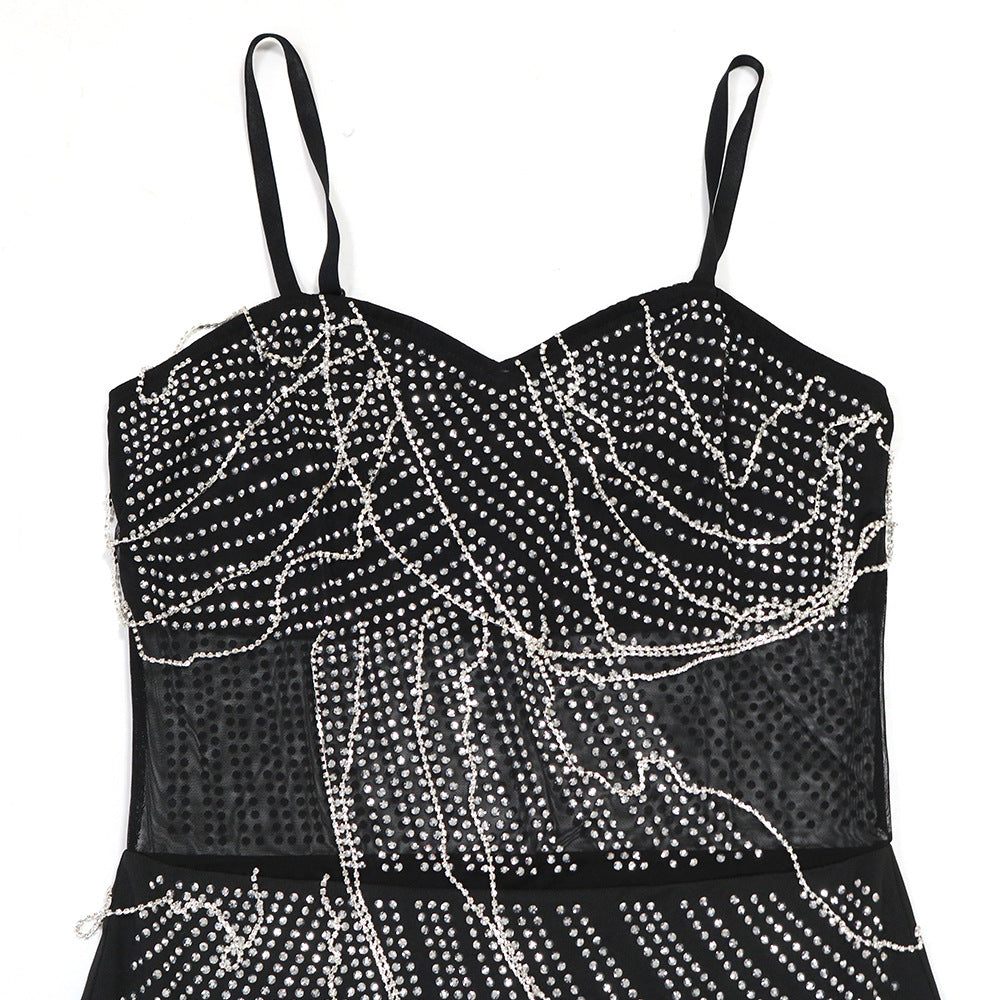 Mesh Panel Milk Silk Dress with Chain Straps and Rhinestone Detail | noémi