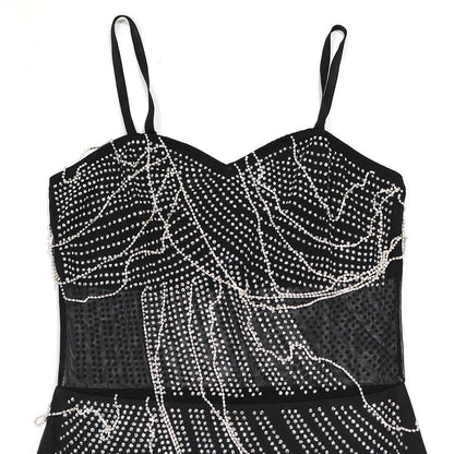 Mesh Panel Milk Silk Dress with Chain Straps and Rhinestone Detail | noémi