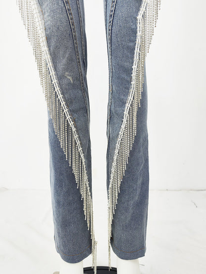 Slim Fit Jeans | Stretch Denim with Chain Tassel Detail | Trendy High Grade Pants | noémi