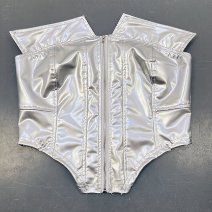 Metallic Faux Leather Corset Top | Silver ZipUp Boned Tube Top with Off Shoulder Detail | noémi