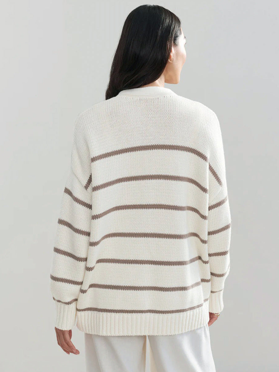 Striped Knit Cardigan for Women | Cozy V Neck Button Up Sweater | Cotton | noémi