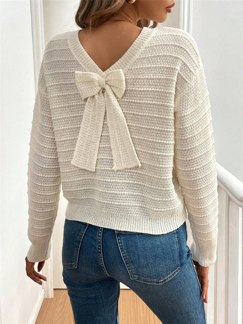 Cream Knit Sweater | Lightweight Pullover with Back Bow Tie & Textured Rib Detail | noémi