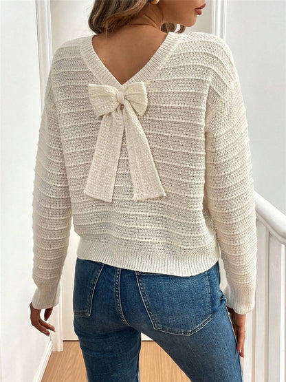 Cream Knit Sweater | Lightweight Pullover with Back Bow Tie & Textured Rib Detail | noémi