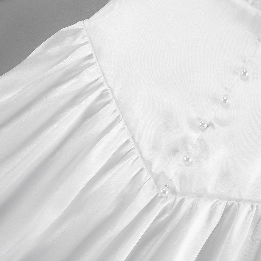 White Satin V Neck Pettidress | Lantern Sleeves | noémi