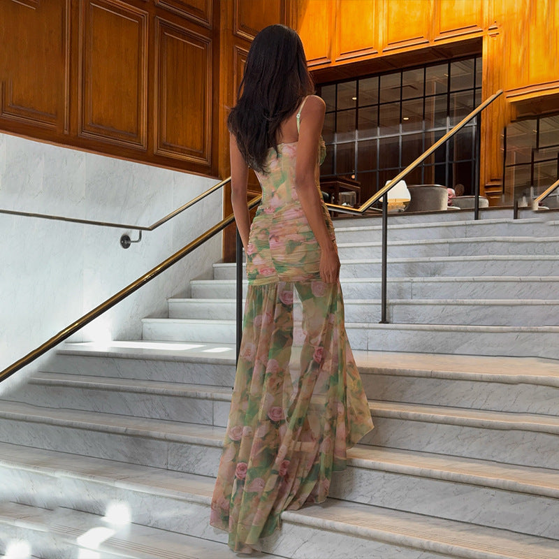 Floral Mesh Corset Maxi Dress | Ruched Gown with Thigh Slit | noémi