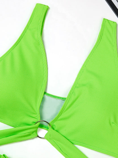 Ring Detail Three Point Bikini Set with Sunken Stripe Texture for Women | noémi