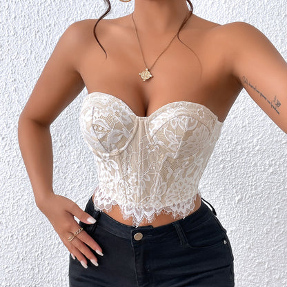 Womens Lace Bandeau Corset Top | Eyelash Lace, Strapless Crop Bustier Vest | noémi