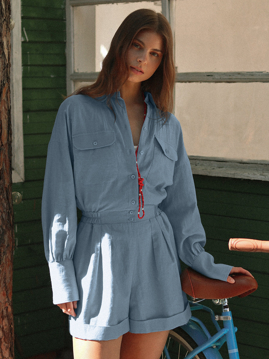 Cotton Linen Long Sleeve Shorts Jumpsuit | noémi