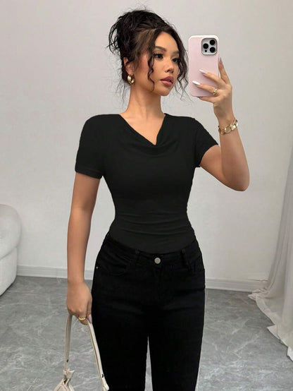 Women’s Asymmetric Pleated Short Sleeve TShirt | Embellished Collar | noémi