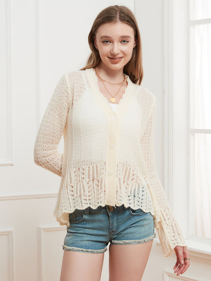 Womens Knitted Hollow Out Lace Cardigan | V Neck Sweater | noémi