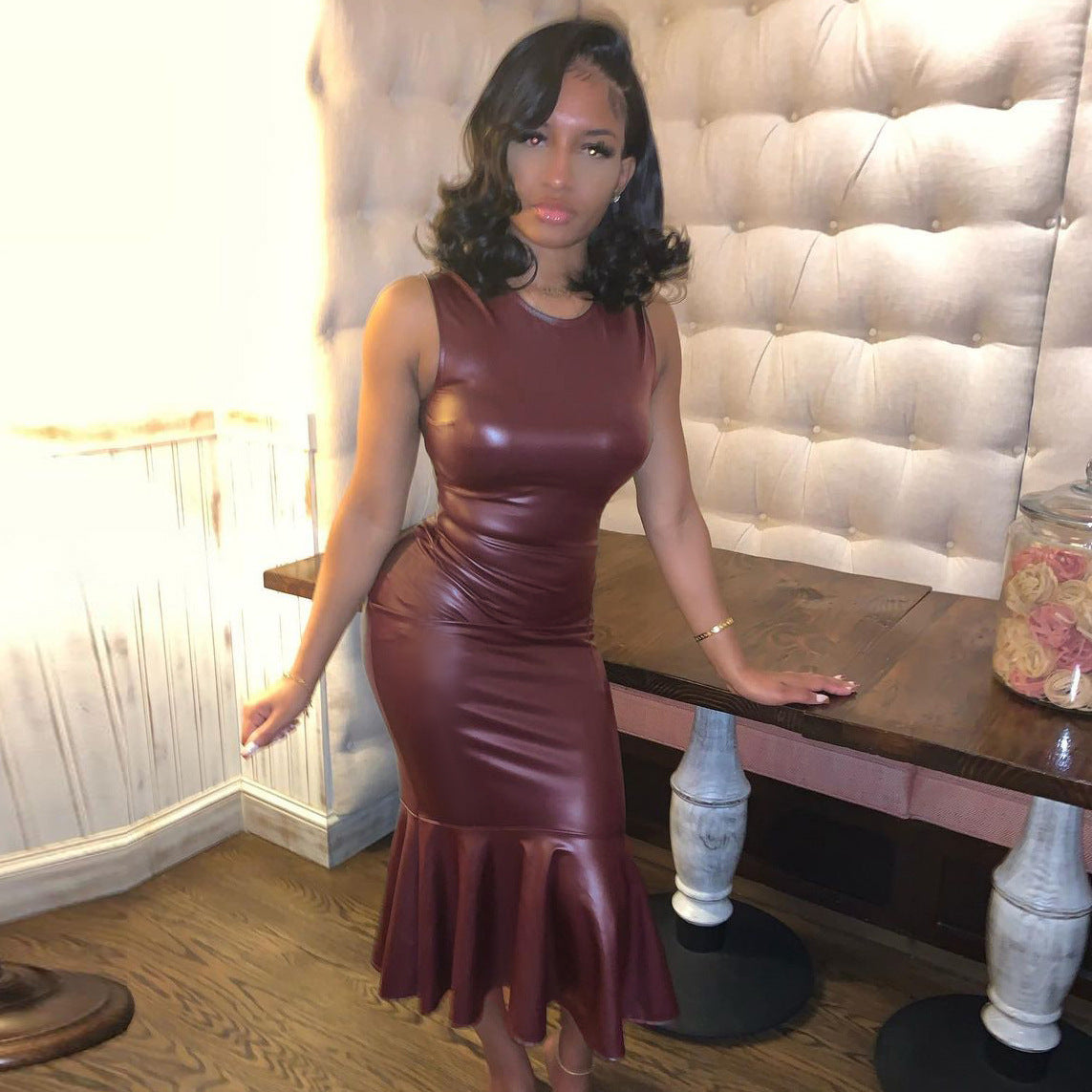 Womens Faux Leather Fishtail Dress | Sleeveless Round Neck Pleated Hem Midi | noémi