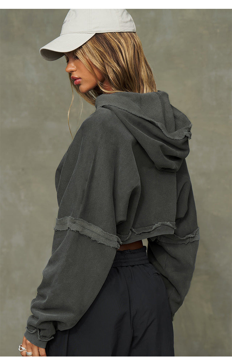 Cropped Hoodie | Frayed Hem, Long Sleeves, Soft Fleece Zip Up Jacket for Women | noémi