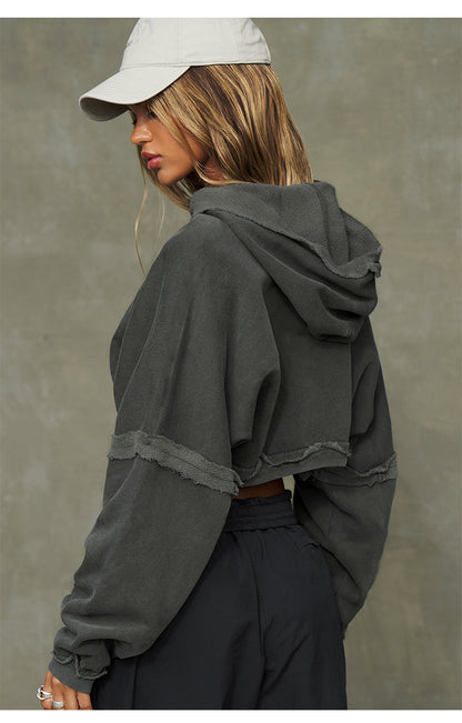 Cropped Hoodie | Frayed Hem, Long Sleeves, Soft Fleece Zip Up Jacket for Women | noémi