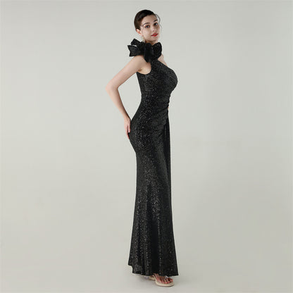 Womens One Shoulder Sequin Beaded Fishtail Gown | Floral Detail, Slim Fit | noémi