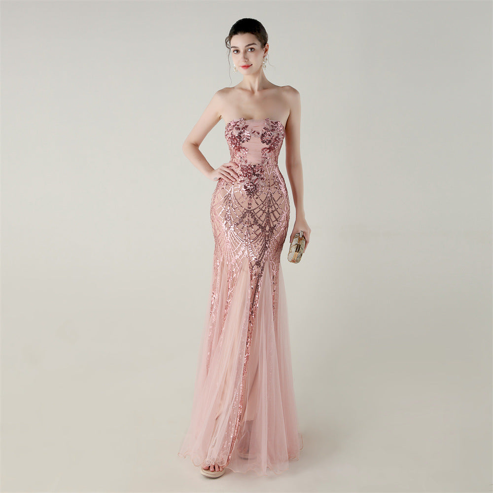 Strapless Beaded Sequin Mesh Dress | Cross Strap Floral Cocktail | noémi