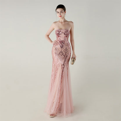 Strapless Beaded Sequin Mesh Dress | Cross Strap Floral Cocktail | noémi