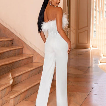 Feather Trim Strapless Jumpsuit | Off Shoulder Backless One Piece | noémi