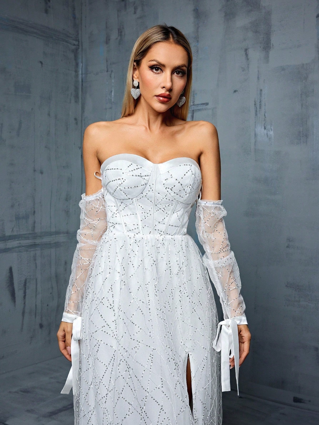 Off Shoulder White Wedding Dress | Backless Slit Gown with Sheer Sleeves | noémi