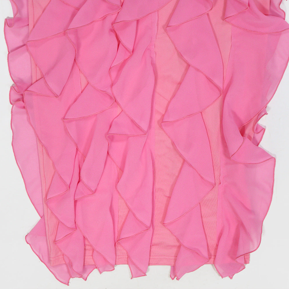 V Neck Sleeveless Cut Out Dress | Ruffled Hem Thigh High Split | noémi