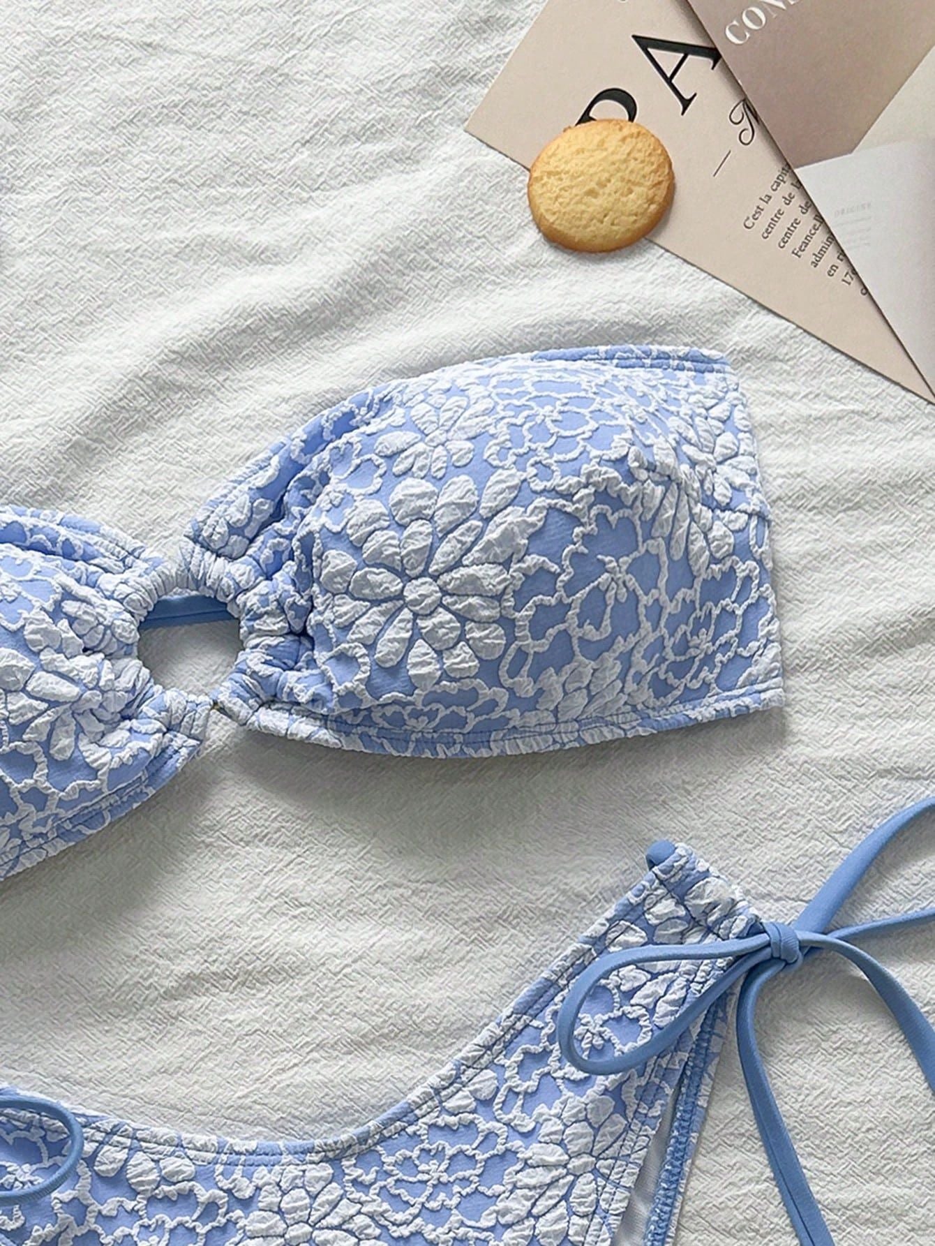 Lace Up Bandeau Bikini | Blue Floral Crochet | High Cut Swimwear Set | noémi