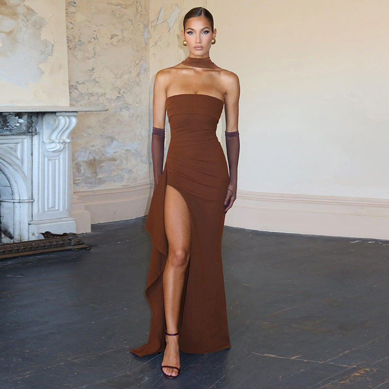 Womens Slim Fit Tube Dress with Scarf Collar and Back Slit Detail | noémi