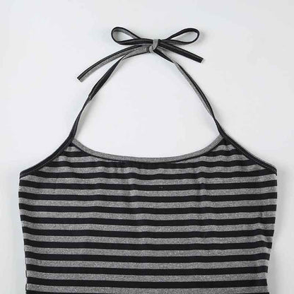 Striped Halter Two Piece Lounge Set | Slim Fit Strap Crop Top Drawstring Shorts | noémi