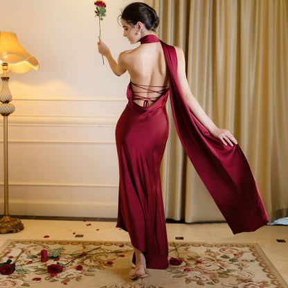 Womens Backless Lace Up Halter Dress | Satin Ribbon Detail | noémi