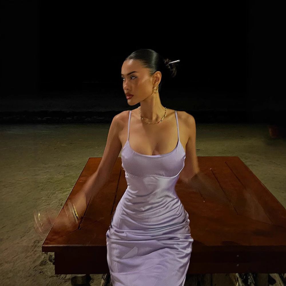 Pearlescent Satin Slip Dress | Slim Fit Backless | noémi