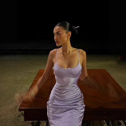 Pearlescent Satin Slip Dress | Slim Fit Backless | noémi