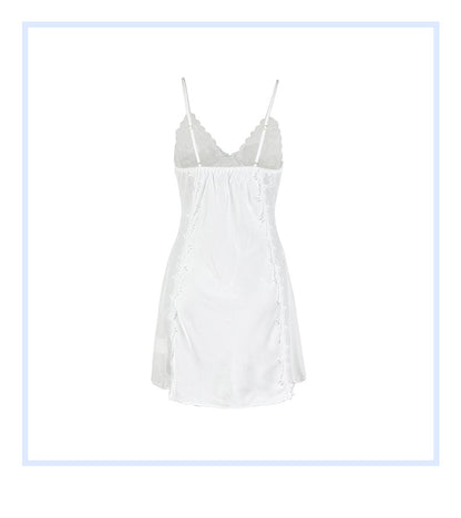 Satin Lace Trim Nightdress | White Slip with Bow & Side Slit | noémi