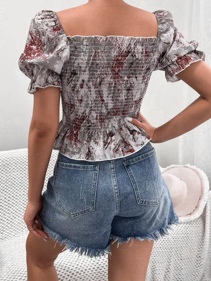 Womens Sleeve Smocked Top | Ruffle Hem, Leopard Print, Off Shoulder | noémi