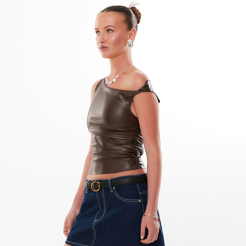 Faux Leather | Sleeveless | Pleated Shoulder | Solid Color | Cropped Vest Top | noémi